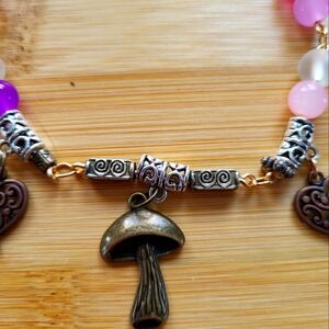 Whimsical Purple And Pink Necklence With Mushroom Charm Handmade